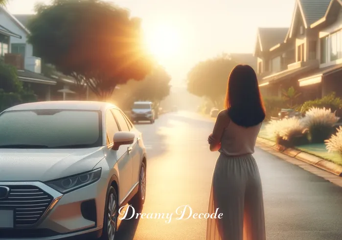 car crash meaning dream _ A dreamer stands beside a car on a peaceful street, looking thoughtfully at the vehicle. The car is intact, reflecting the early morning sun, symbolizing the beginning of a journey or a new venture in the dreamer