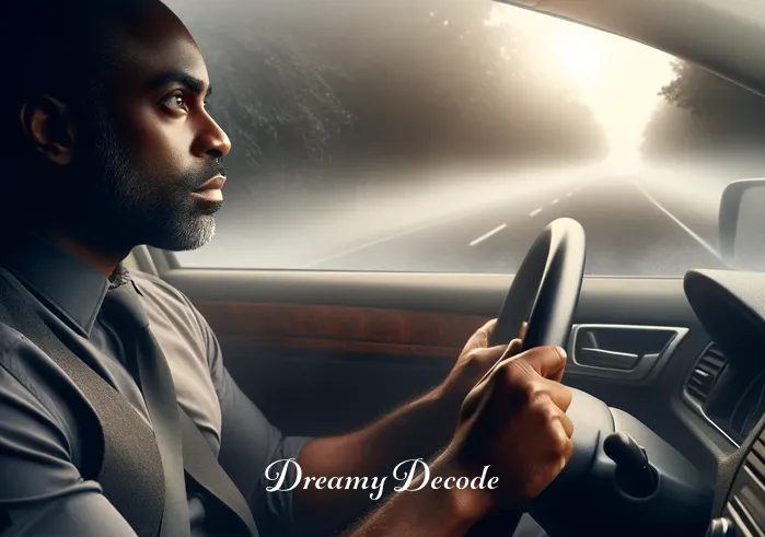 car crash meaning dream _ The dreamer is now sitting inside the car, gripping the steering wheel with a look of determination. The road ahead appears slightly foggy, indicating uncertainty or challenges that the dreamer might be anticipating in their life