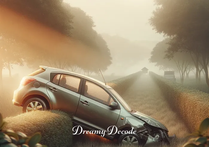 car crash meaning dream _ The image shifts to show the car having slightly veered off the road, resting against a soft barrier of bushes with no damage. This represents a moment of deviation or minor setback in the dreamer
