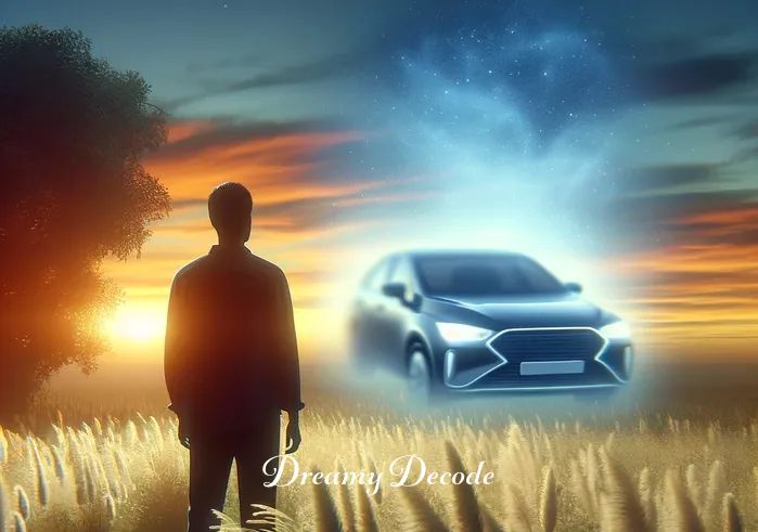 car dream meaning _ A person standing in a serene field at dusk, gazing at a distant, hazy image of a car. The car appears almost dreamlike, blending with the soft colors of the sunset. This represents the initial curiosity and wonder often associated with the exploration of car-related dream meanings.