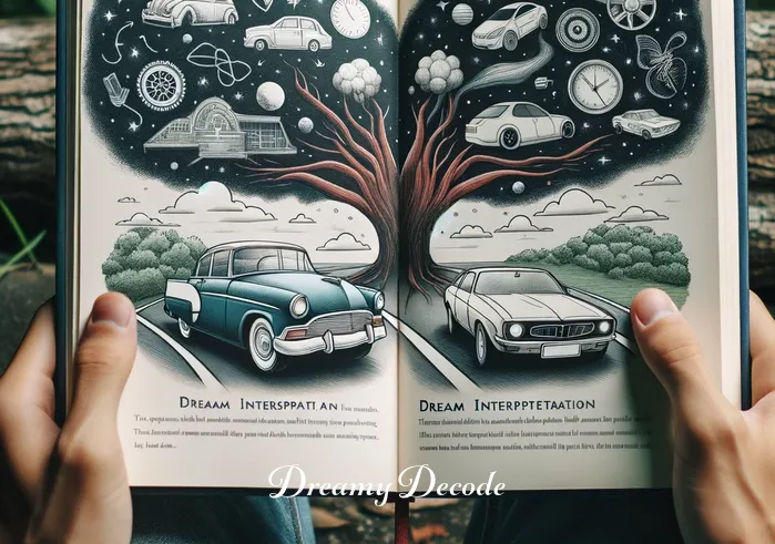 car dream meaning _ The same person now sits under a tree, holding an open book about dream interpretation. The book has an illustration of various cars and roads, symbolizing the deeper exploration into the meanings and symbols of cars in dreams, such as journeys, life paths, and personal drives.