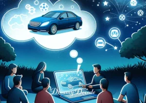 car dream meaning _ The final image shows the person sharing their findings with a small, attentive group under the starry night sky. They're using a laptop with images of cars and dream symbols on the screen, indicating the sharing of insights and interpretations of car dreams with others.