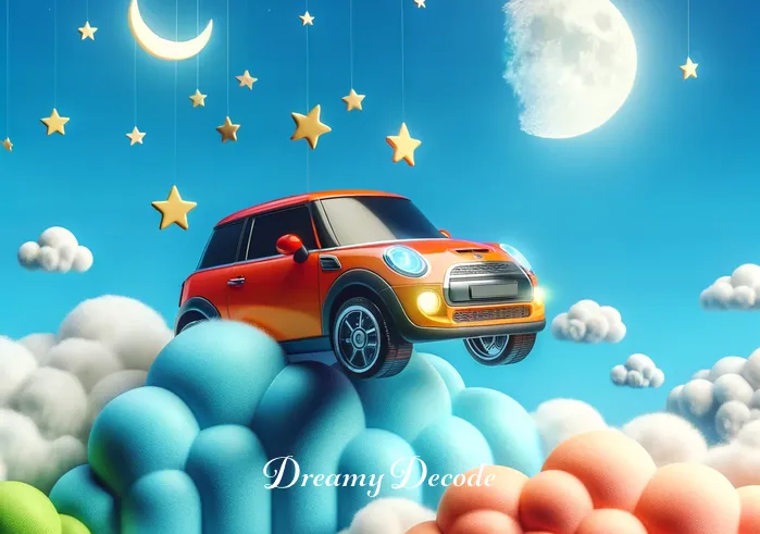 car in dream meaning _ A vividly colored car soaring above fluffy clouds against a bright blue sky, symbolizing freedom and escape in a dream.