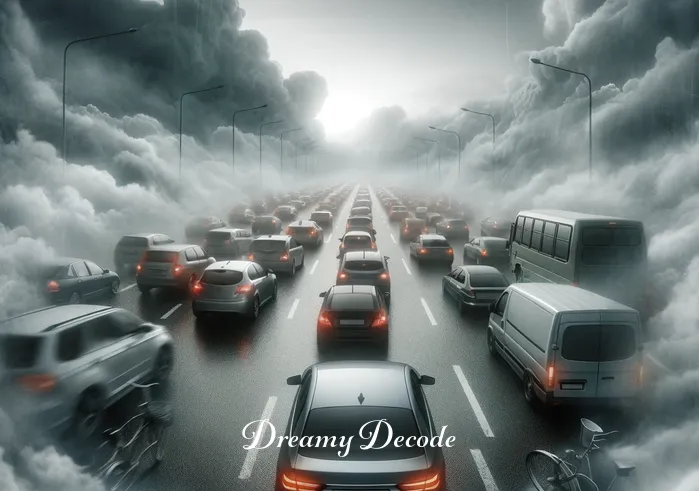car in dream meaning _ A car stuck in an endless traffic jam under a grey, overcast sky, depicting feelings of frustration or stagnation in a dream.