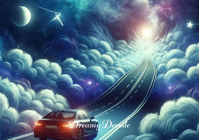 car keys dream meaning _ The final scene shows the person driving the dream car on a road that ascends into the sky, surrounded by stars and nebulous clouds. This represents the culmination of the dream interpretation, symbolizing freedom, control, and the pursuit of goals, as interpreted from the car key dream.