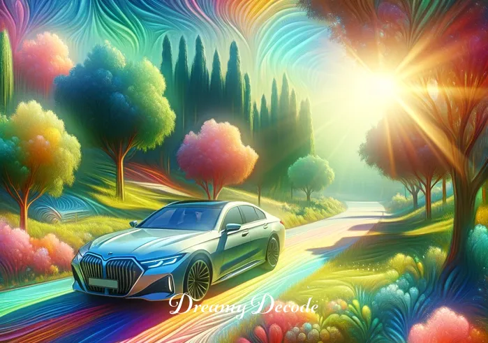 car on fire dream meaning _ A vivid, colorful dream landscape with a focus on a sleek, modern car parked peacefully on a sunlit road, surrounded by lush greenery. The car is intact and well-maintained, symbolizing the starting point of an anticipated journey or the prelude to a significant life event in the dream interpretation.
