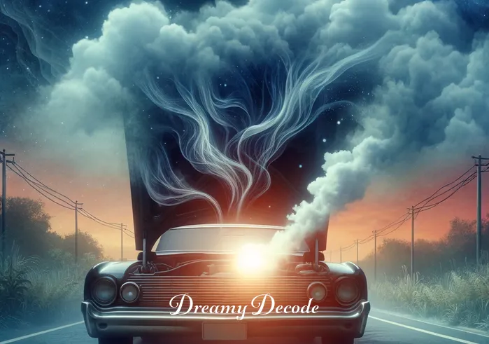 car on fire dream meaning _ The same car, now with wisps of smoke gently rising from under the hood, parked on the same road. The surrounding landscape is dimmer, indicating a shift in the dream