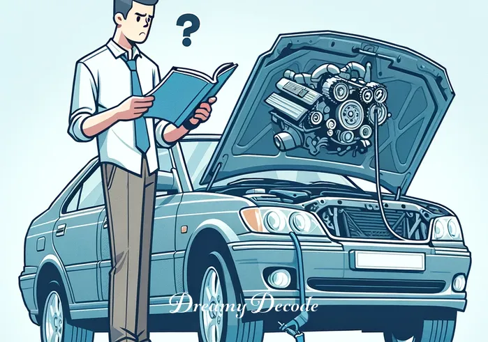 car repair dream meaning _ A dreamer stands beside a broken-down car under a clear sky, looking puzzled with a manual in hand. The car