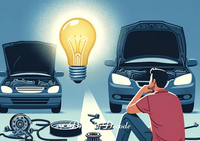 car repair dream meaning _ The dreamer is seen taking a break, sitting on the ground beside the car with a thoughtful expression, surrounded by partially repaired car parts. A light bulb appears above the dreamer