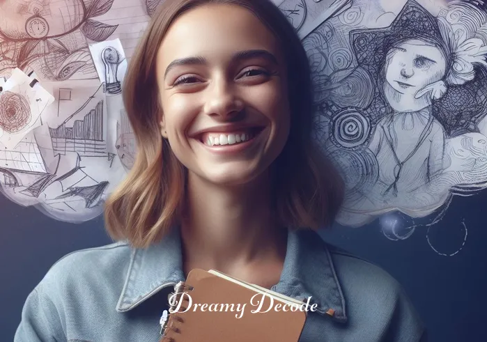 car stolen dream meaning _ The dreamer smiles, relieved and enlightened, holding a journal with notes and sketches about personal growth and recovery, symbolizing their newfound understanding and acceptance of the dream's meaning.