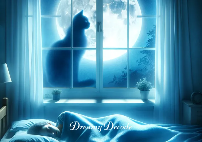 spiritual meaning of cat attacking you in a dream _ A serene bedroom at night, with a full moon visible through the window. A person is sleeping peacefully under light blue covers, and a shadowy figure of a cat is faintly visible in the moonlight, symbolizing the onset of a dream about a cat.