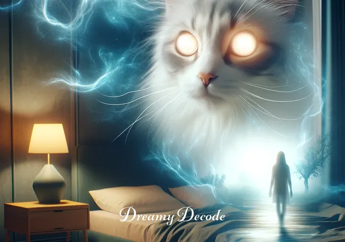 spiritual meaning of cat attacking you in a dream _ The same bedroom, now with the dream visible as a translucent overlay. In the dream, a large, ethereal cat, glowing softly, is approaching the sleeping person. The cat