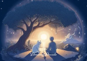 spiritual meaning of cat attacking you in a dream _ The final scene shows the dream's resolution. The person and the cat are sitting peacefully under a tree in the dream landscape, with a gentle aura surrounding them. The atmosphere is tranquil and enlightening, suggesting a spiritual understanding and resolution after the encounter.