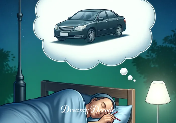 car stolen in dream meaning _ A person peacefully sleeping in their bed, with a dream bubble above their head showing an image of a parked car under a streetlight, symbolizing the beginning of a dream about a car.