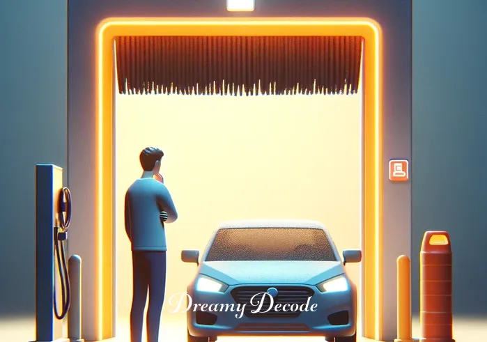 car wash dream meaning _ A person standing beside their car, feeling puzzled and uncertain, at the entrance of a brightly lit car wash. The scene conveys a sense of anticipation and curiosity, reflecting the beginning of a journey into understanding the symbolism of a car wash in a dream.