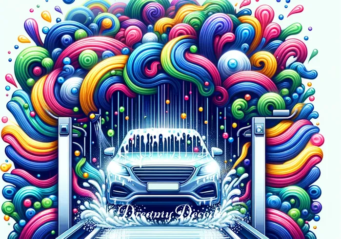 car wash dream meaning _ The same car moving through the automated car wash, surrounded by colorful soap bubbles and swirling water. This image symbolizes the process of cleansing and transformation, a key aspect in interpreting car wash dreams.