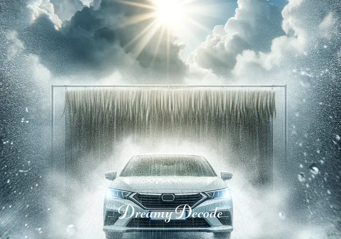car wash dream meaning _ The car emerging from the car wash, sparkling clean under a sunny sky. This scene represents renewal and clarity, suggesting the positive outcomes of facing and cleansing one