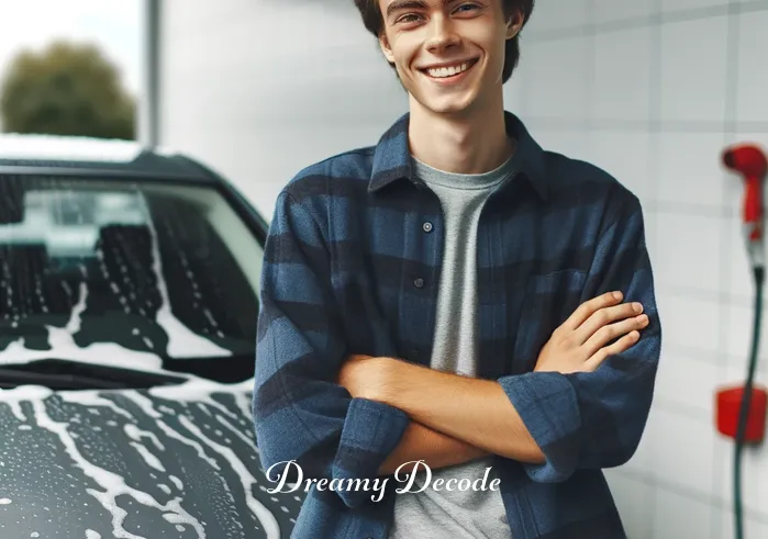 car wash dream meaning _ The person now standing beside their clean car, smiling and looking relieved and content. This final image embodies the feeling of resolution and understanding, tying back to the theme of car wash dreams as a metaphor for personal growth and emotional cleansing.