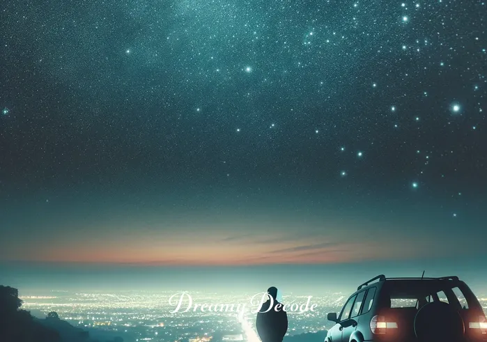 car wreck dream meaning _ A serene night sky filled with stars, under which a person stands beside their car, parked on a cliff overlooking a city. The car