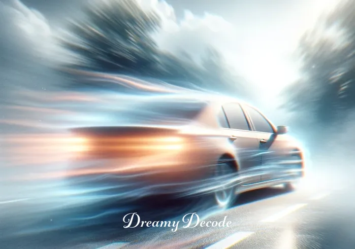 car wreck dream meaning _ A dreamlike, slightly blurred image of the same car from the first scene, now gently swaying as if caught in a soft breeze. It appears to be floating above the road, with a surreal, glowing aura around it. This scene gives a feeling of the car transitioning from reality into a dream state.