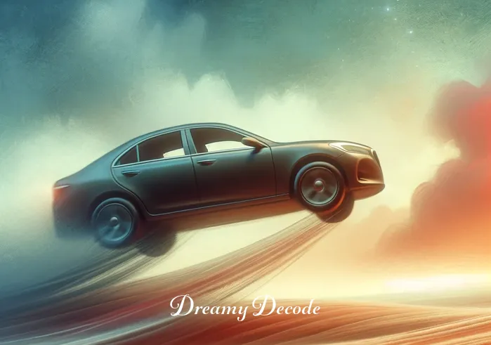 crashing car dream meaning _ A surreal depiction of the car from the previous scene now gently lifting off the ground as if caught in slow motion, symbolizing the escalation of a dream. The background is a blend of soft colors, and the car appears almost weightless, reflecting the dream