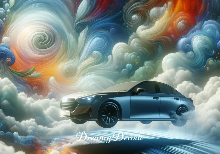 crashing car dream meaning _ An artistic representation of the car in mid-air, surrounded by swirling colors and dreamlike imagery. The car is intact but floating as if in a different reality, symbolizing the peak of the dream narrative. This scene conveys a sense of wonder and disorientation, common in dream sequences.