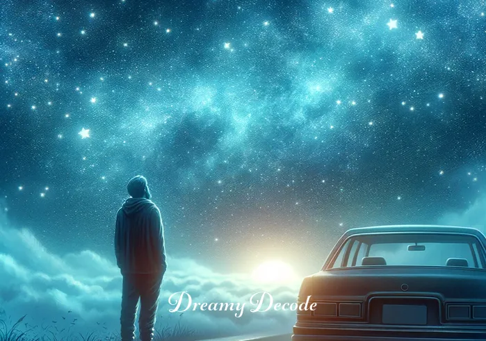 dream about car crash meaning _ A serene night sky filled with stars, under which a person stands next to a parked car, looking contemplative as they gaze at the celestial display. This symbolizes the onset of a dream, reflecting introspection and the journey into the subconscious.