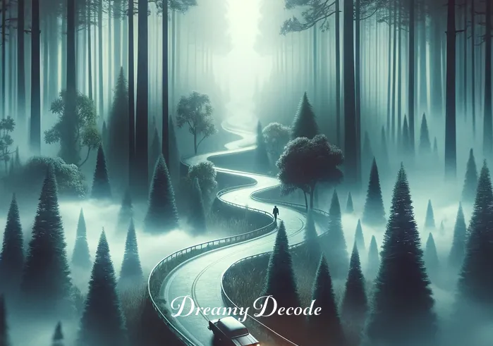 dream about car crash meaning _ A dream sequence showing the same person now driving the car along a winding road surrounded by a misty forest. This scene represents the journey of life, with the mist symbolizing uncertainty and the unknown paths ahead.