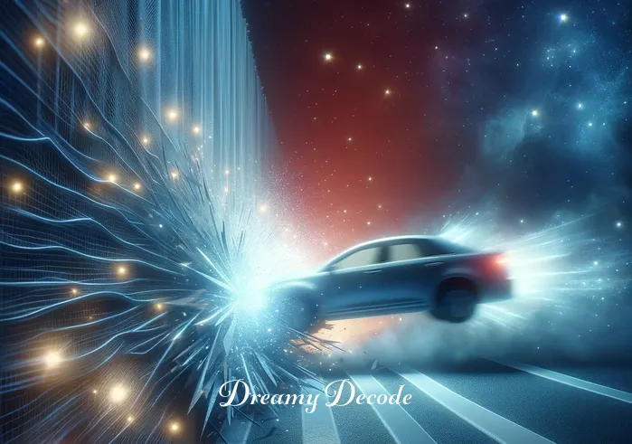 dream about car crash meaning _ An abstract depiction of a car gently colliding with a barrier of soft, glowing lights, symbolizing a car crash in the dream. The impact is shown in a non-threatening manner, conveying the idea of a sudden, unexpected change or challenge in one
