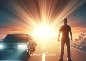 dream about car crash meaning _ The final scene returns to the person standing beside the now stationary car, with a clear path ahead illuminated by the sunrise. This represents awakening from the dream, gaining clarity, and finding direction after overcoming challenges.