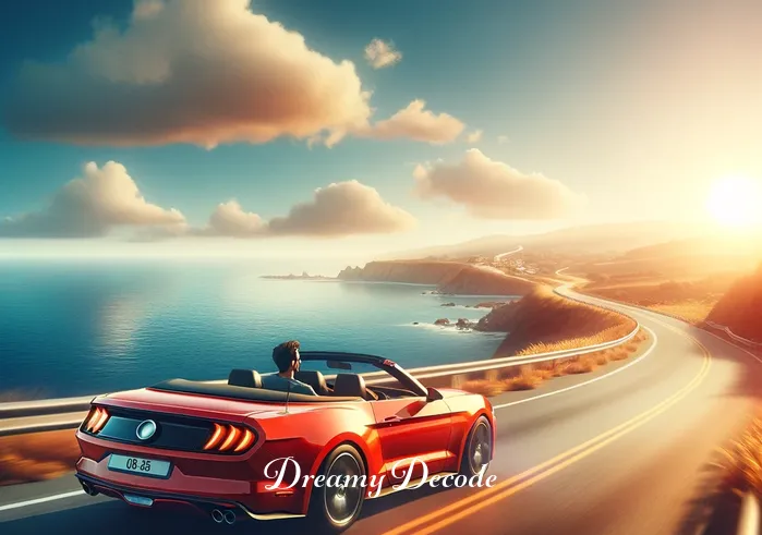 dream car crash meaning _ A vivid dream where an individual is excitedly driving a bright red convertible on a sunny coastal road, symbolizing freedom and adventure.