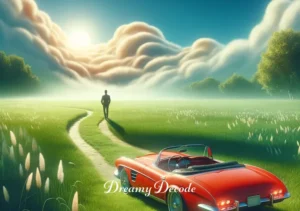 dream car crash meaning _ The final scene shows the dreamer safely stepping out of the car onto a serene meadow, symbolizing a peaceful resolution and personal growth after overcoming challenges.