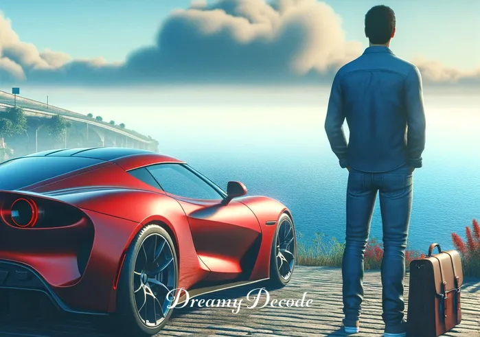 dream car meaning _ The car parked at a picturesque viewpoint, with the person standing beside it, looking out at the horizon. This represents reflection, achievement, and the contemplation of future aspirations.