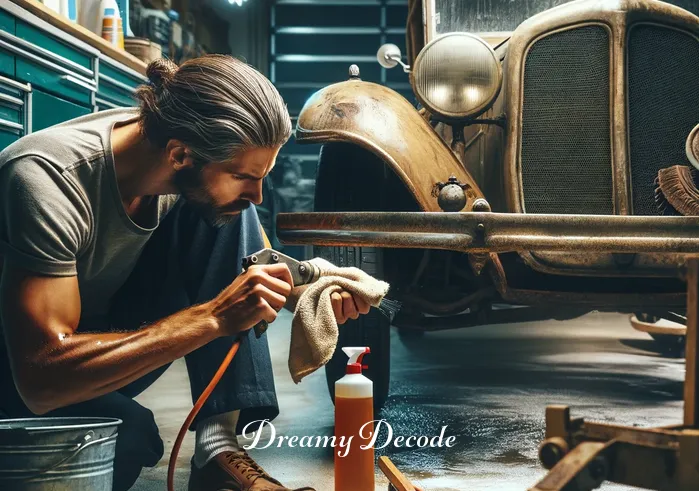 dream meaning car _ A dream where the individual is cleaning and restoring the discovered car, representing personal growth and self-improvement.