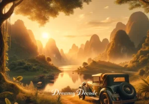 dream meaning car _ The individual's dream culminates in reaching a beautiful, serene destination with the car, reflecting the achievement of personal goals and inner peace.