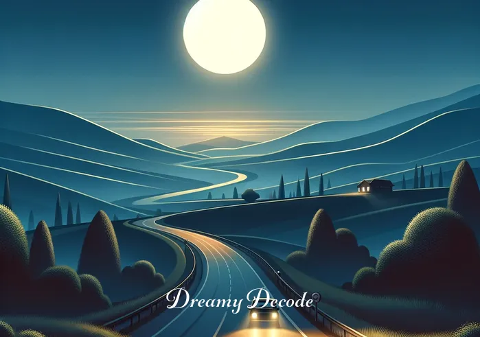 dream meaning car crash _ A serene, moonlit night with a single car cruising along a winding road, surrounded by a peaceful landscape of softly rolling hills and distant mountains. The car