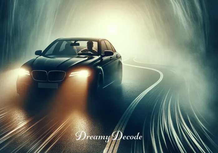 dream meaning car crash _ The same car now appears at a sharp bend in the road, with the driver visibly tense and focused. The road ahead is shrouded in a mysterious fog, adding a sense of uncertainty and anticipation to the journey.