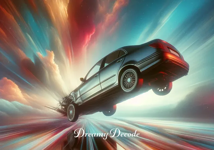 dream meaning car crash _ A surreal scene where the car is suspended in mid-air, as if time has stopped. The background is a dreamlike blend of colors, with the car positioned at a peculiar angle, giving the impression of a paused moment right before a potential crash.
