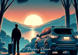 dream meaning car crash _ The final scene depicts the car safely parked at a scenic overlook, with the driver standing beside it, looking relieved and contemplative. The background shows the first light of dawn breaking over the hills, symbolizing a new beginning or realization.