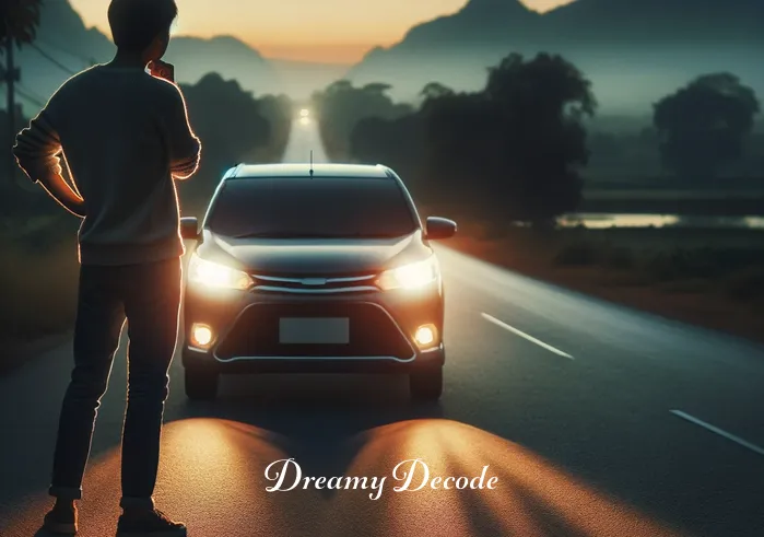 dream meaning car headlights not working _ A person stands beside a car on a quiet road at dusk, looking puzzled at the car
