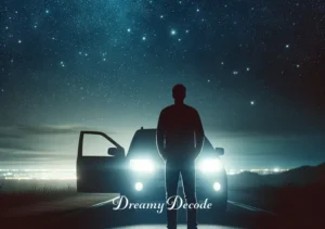 dream meaning car headlights not working _ A final scene shows the car parked safely at the side of the road, with the person standing outside, gazing up at the stars. The headlights are off, and the night sky is clear and star-filled, suggesting a resolution and acceptance of the situation, and finding peace in the stillness of the night.