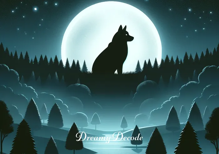 spiritual meaning of dog attacking you in a dream _ A serene nighttime landscape with a full moon illuminating a tranquil forest. A shadowy, non-threatening dog silhouette appears in the distance, creating a mysterious yet peaceful atmosphere.