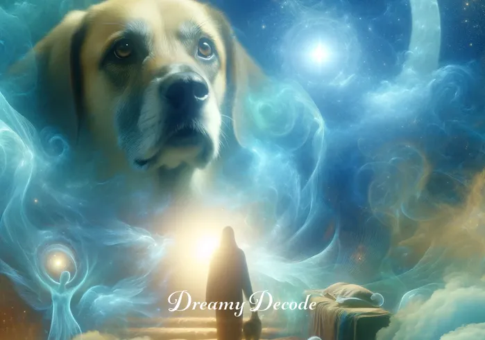 spiritual meaning of dog attacking you in a dream _ A dreamlike scene where the shadowy dog approaches closer, now visible as a calm, gentle animal. Its eyes convey wisdom and understanding, suggesting a deeper, spiritual connection.
