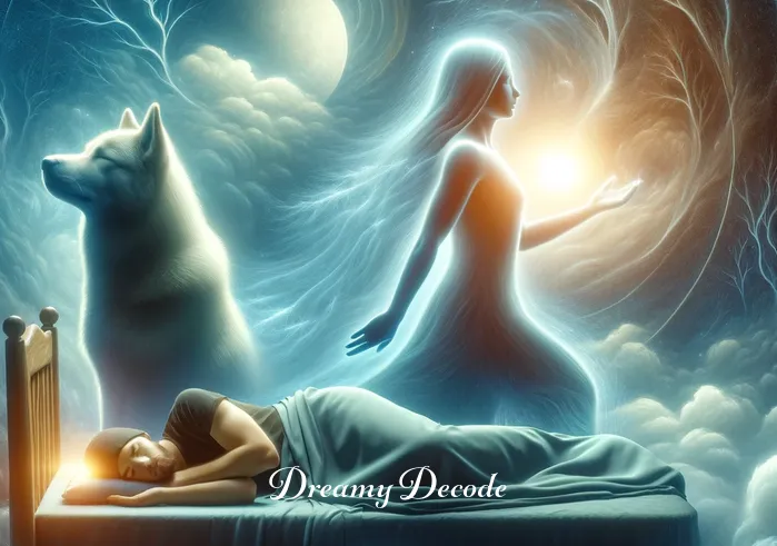 spiritual meaning of dog attacking you in a dream _ The dog stands beside a sleeping individual, symbolizing protection and guidance in the dream world. The scene radiates a sense of safety and spiritual guardianship.