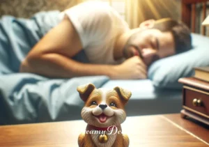 spiritual meaning of dog attacking you in a dream _ A final image of the individual waking up in a sunlit room, with a small, friendly dog figurine on the bedside table, symbolizing the positive spiritual message received from the dream.