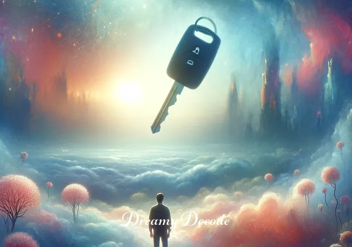 dream meaning car stolen _ A dream sequence depicting the person standing in a surreal, misty landscape with floating car keys in the air. The scene is ethereal and colorful, with soft light and a dreamy atmosphere, conveying a sense of searching or longing.