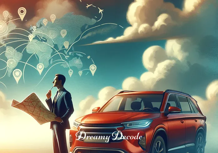 dream meaning driving a car _ A person standing beside a parked car, gazing thoughtfully at a map under a clear sky. The car is red, symbolizing energy and action. The map represents choices and directions in life.