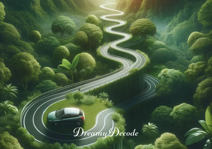 dream meaning driving a car _ The car moving along a winding road surrounded by lush greenery, conveying progress and the journey through life