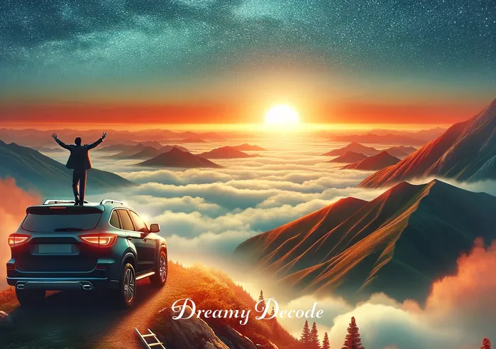 dream meaning driving a car _ The car reaching a hilltop, with a wide panoramic view of the sunrise ahead. This signifies achievement and a new beginning after a journey of self-discovery.