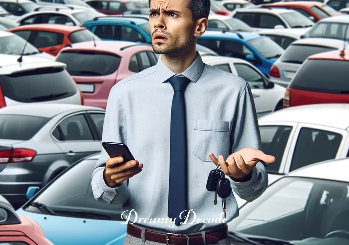dream meaning lost car _ A person standing in a crowded parking lot, looking confused and concerned, with rows of various cars in the background. They hold car keys in one hand and a phone in the other, seemingly trying to remember where they parked their car.